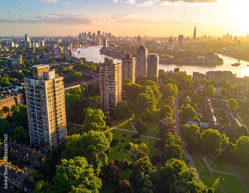 Sunlit Urban Skyline Over Riverside Park at Golden Hour in London