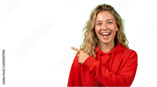 Smiling Blonde Woman In Red Hoodie Pointing Finger