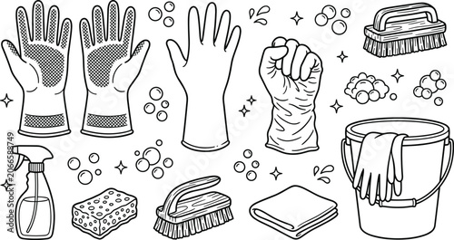 Tableau sur toile Cleaning Supplies and Household Hygiene Illustration Set with Rubber Gloves, Spr