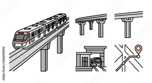 Fotografie Elevated metro train and city transit infrastructure icon set.