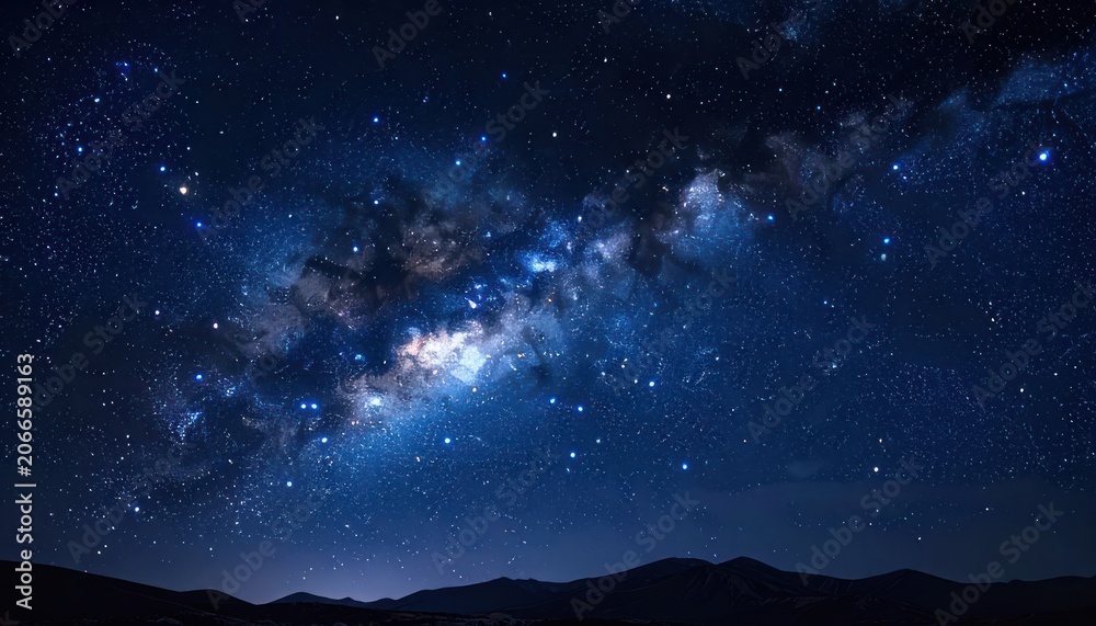Fototapeta premium A breathtaking view of the Milky Way galaxy stretching across the dark night sky above silhouetted mountains.