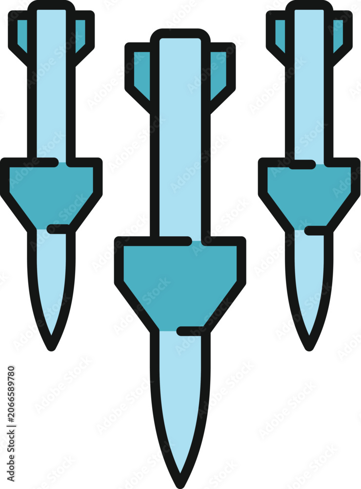 Naklejka premium Three incoming missiles with fins pointing downwards in a line art illustration