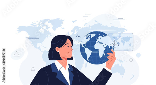 Businesswoman holding globe, symbolizing global business, international relations, and worldwide success with a modern flat design.