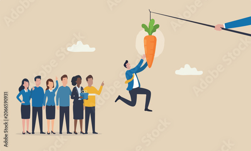 Quadro su tela Motivation employe manipulation concept, seduced businessman jump in the air to