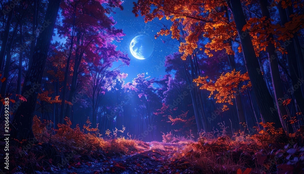 Fototapeta premium A surreal forest path bathed in the ethereal glow of a full moon and vibrant, otherworldly foliage.