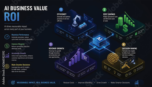 AI Business Value ROI Infographic with Growth Charts and Technology Icons design
