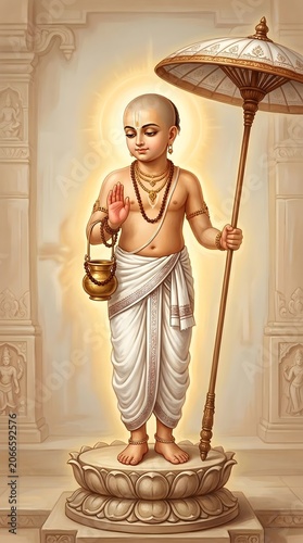Vamana Avatar of Vishnu Standing on Lotus Flower with Umbrella