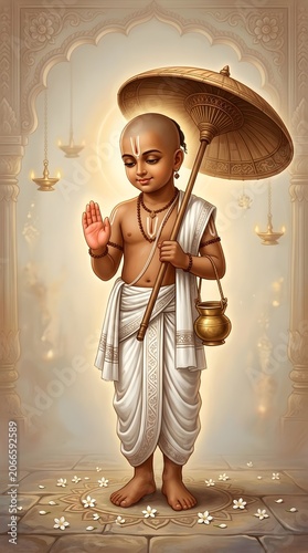Vamana Avatar of Vishnu Holding Umbrella Against Ornate Golden Wall