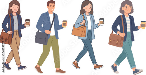 Breezy Morning Commute: Diverse Folks Strolling with Coffee and Satchels in