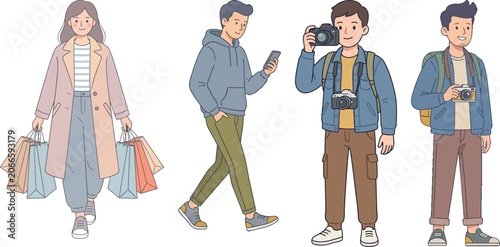 Chill Pastel Pals: Four Diverse Vector Characters Indulging in Urban Shopping, Scrolling, and
