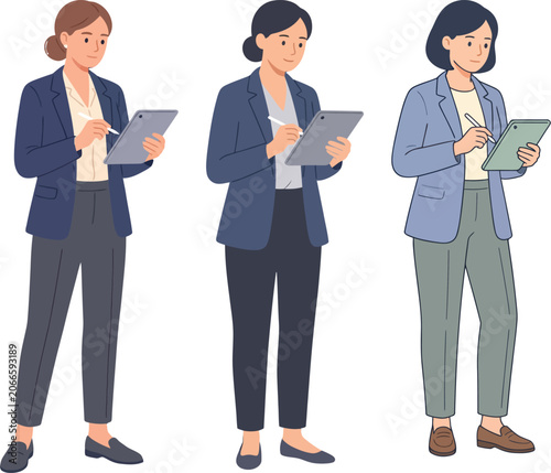 Digital Dynamo Trio: Diverse Women Professionals Masterfully Navigating Tasks on Sleek Tablets