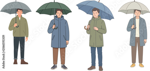 Smiling men with colorful umbrellas, ready for a stylish day, embracing casual