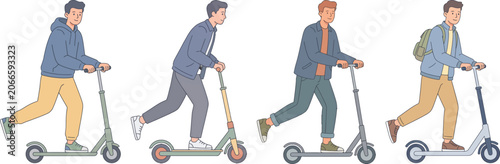 Urban Vibe Tribe: Four Trendy Men Effortlessly Gliding on Kick Scooters