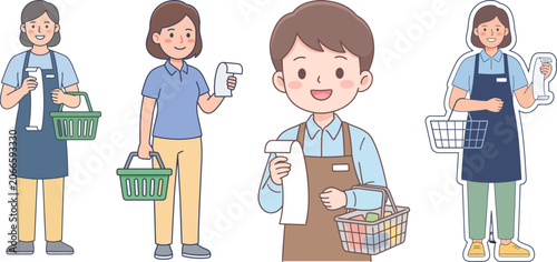 Whimsical Retail Crew Smiling, Holding Shopping Lists and Empty