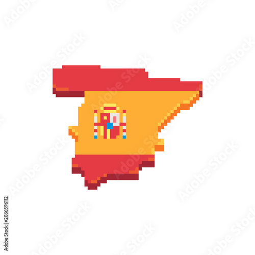 Pixel art map of Spain filled with the Spanish national flag. Retro 8-bit geographic icon for games, travel projects, educational materials, country collections and digital design.