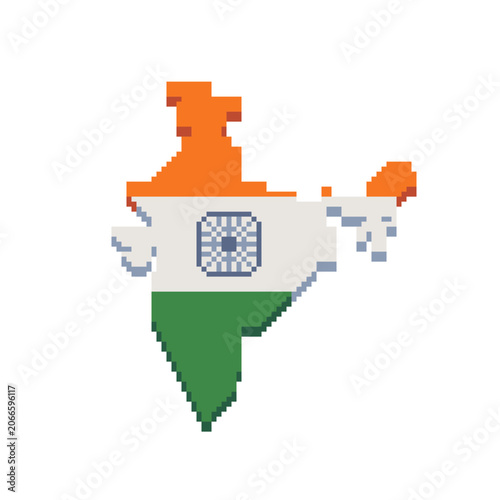 Pixel art map of India filled with the national flag colors. Retro 8-bit geographic icon for games, educational projects, travel apps, country collections and digital design.