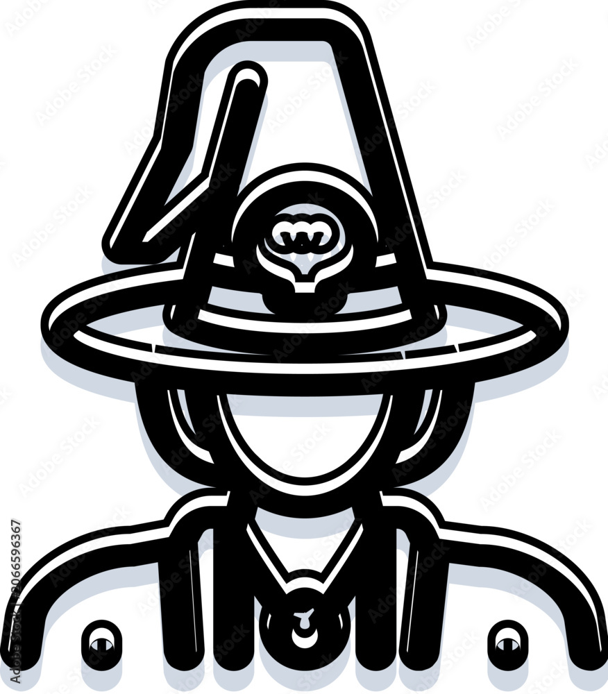 Naklejka premium Wizard character wearing a pointed hat adorned with an emblem, representing magic, mystery, and fantasy often associated with sorcerers, enchanters, and spellcasting in various tales
