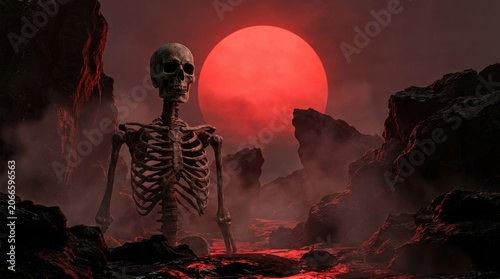 Skeleton Horror Figure on Rocky Terrain Under Red Moon Dark Gothic Apocalypse Art