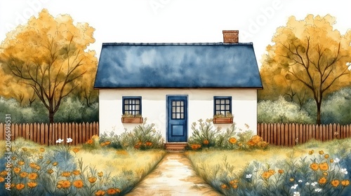 Suburban European house. Watercolor hand drawn illustration of a brick estate on an old street. Architecture, cozy residence