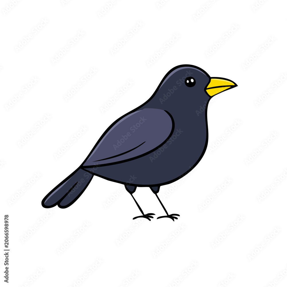 Obraz premium Cartoon black bird with bright yellow beak standing isolated