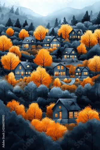 Autumn landscape with houses and trees