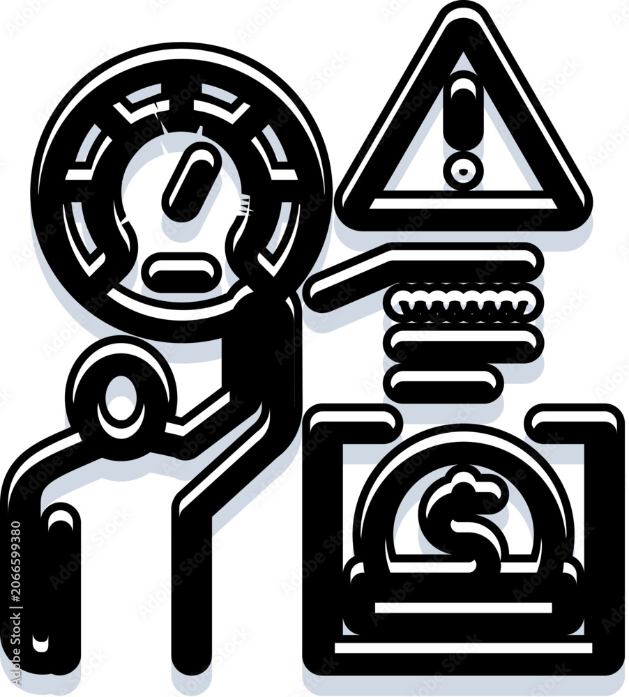 Fototapeta premium Stick figure character feeling the pressure of a warning sign springing from a dollar currency symbol, illustrating financial risk management, danger and economic control