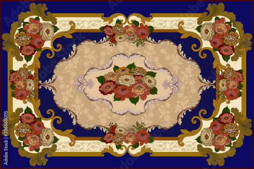 Luxury Vintage Floral Carpet Pattern with Ornamental Frame and Elegant Rose Bouquet
