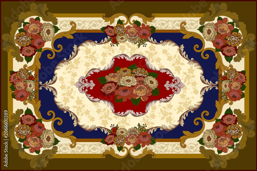 Luxury Vintage Floral Carpet Pattern with Ornamental Frame and Elegant Rose Bouquet