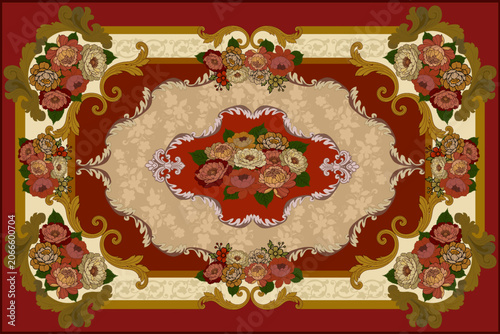 Luxury Vintage Floral Carpet Pattern with Ornamental Frame and Elegant Rose Bouquet