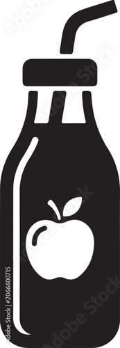Minimalist black and white bottle of apple juice icon with a straw