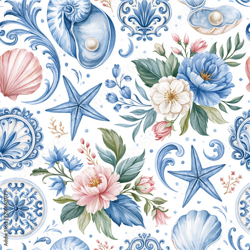 Coastal Watercolor Seamless Patterns Set, Nautical Floral Backgrounds, Blue Porcelain Sea Life Textures, Ocean Shell Repeating Designs