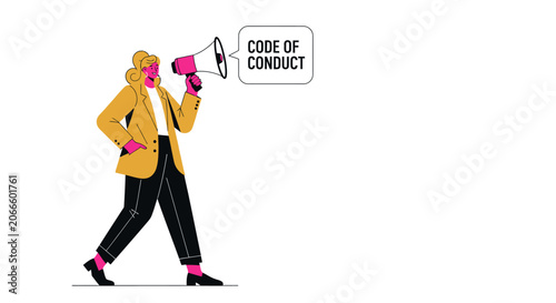 Illustration of person holding code of conduct sign.