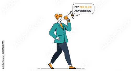 Woman with megaphone promoting online advertising.