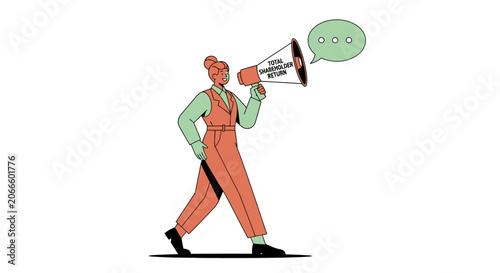 Construction worker using megaphone to announce news.