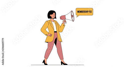 Confident woman holding megaphone for announcement.