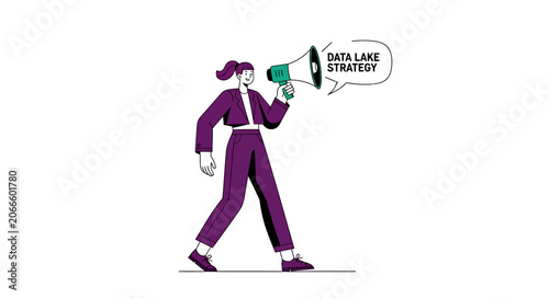 Purple character holding megaphone with data lake message.