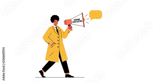Person in yellow coat holding megaphone and speech bubble.