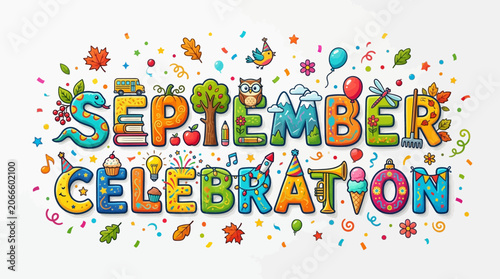 Colorful September Celebration Hand Drawn Typography with Autumn and Party Icons