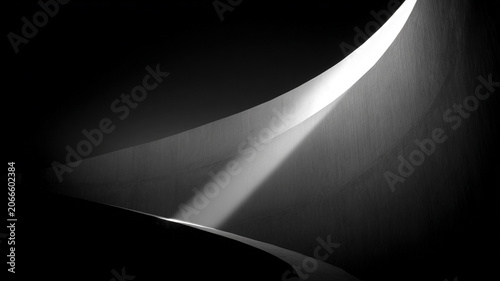 curved modern architecture wall with a single sharp beam of light slicing across, creating dramatic contrast and abstract shape, large negative spaceblack and white photography