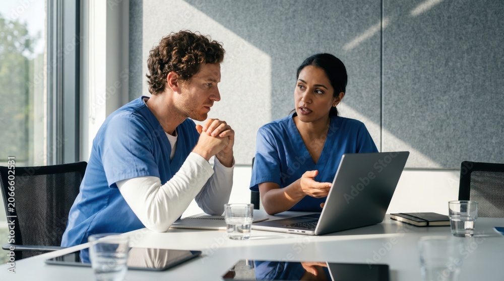 Fototapeta premium Two medical professionals in blue scrubs collaborating at a table with a laptop during a daytime meeting