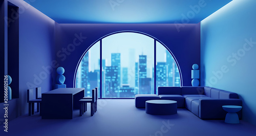 Modern Blue Minimalist Living Room with Large Arched Window Over City Skyline