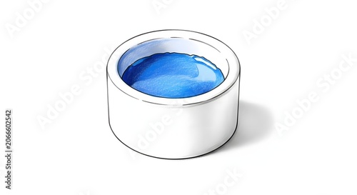 Watercolor illustration of a small white cylindrical paint pan filled with vibrant blue pigment or ink, isolated on a plain white background with subtle sketchy line art details.
