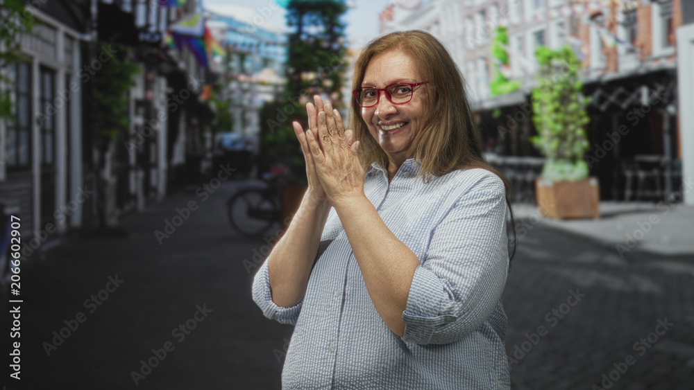 Fototapeta premium Woman in a light striped shirt and red glasses pressing her hands together in a thankful clap while smiling on a narrow city street lined with outdoor cafes; gratitude joy.