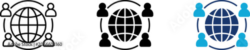 Global network icon set representing international business communication, remote team partnership and globe connection. Symbol of planetary outsourcing network, social media community