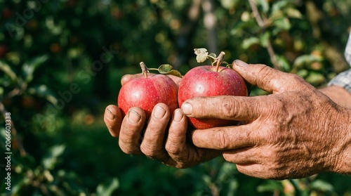 Man holding freshly picked red apples in an orchard during harvest  