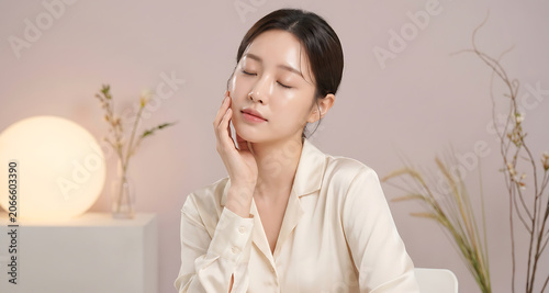 Serene Young Woman Touching Face with Glowing Skin in Soft Light Setting