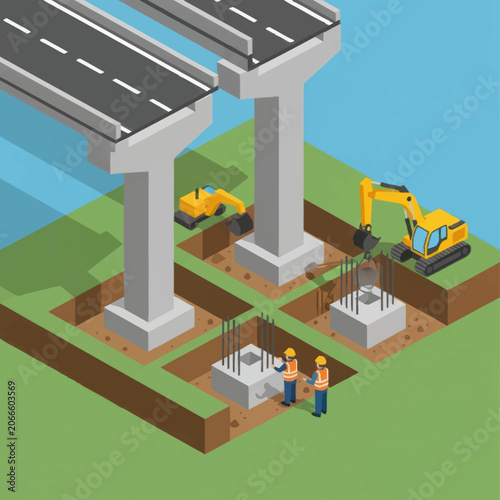 Construction of a large bridge with excavators and workers.
