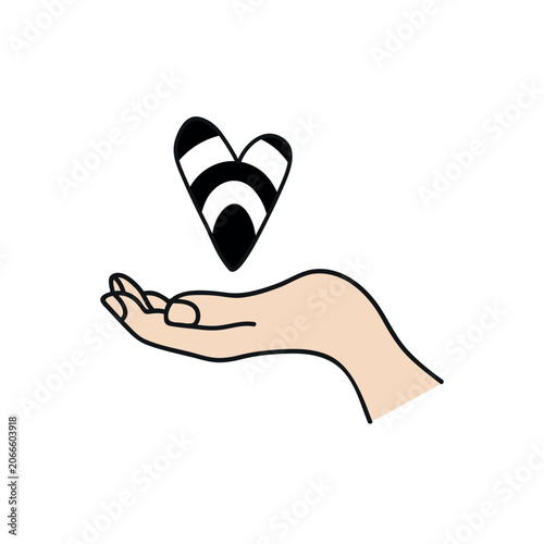 Open human hand with a black and white striped Straight Ally pride heart floating above it. Minimalist vector illustration in doodle style for LGBTQ+ community support, equality, and pride month