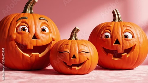 Three Carved Pumpkins With Joyful Expressions Arranged In A Line For Autumn Celebration Events And Holiday Seasonal Festive Decorating Projects