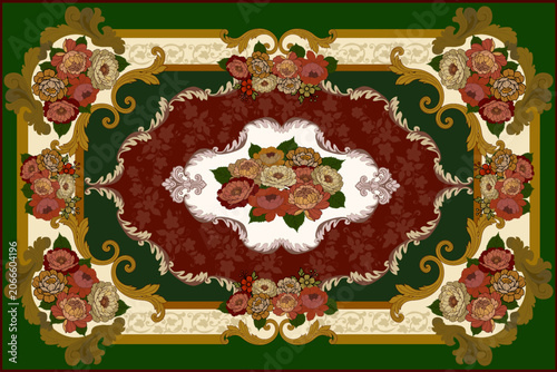 Luxury Vintage Floral Carpet Pattern with Ornamental Frame and Elegant Rose Bouquet